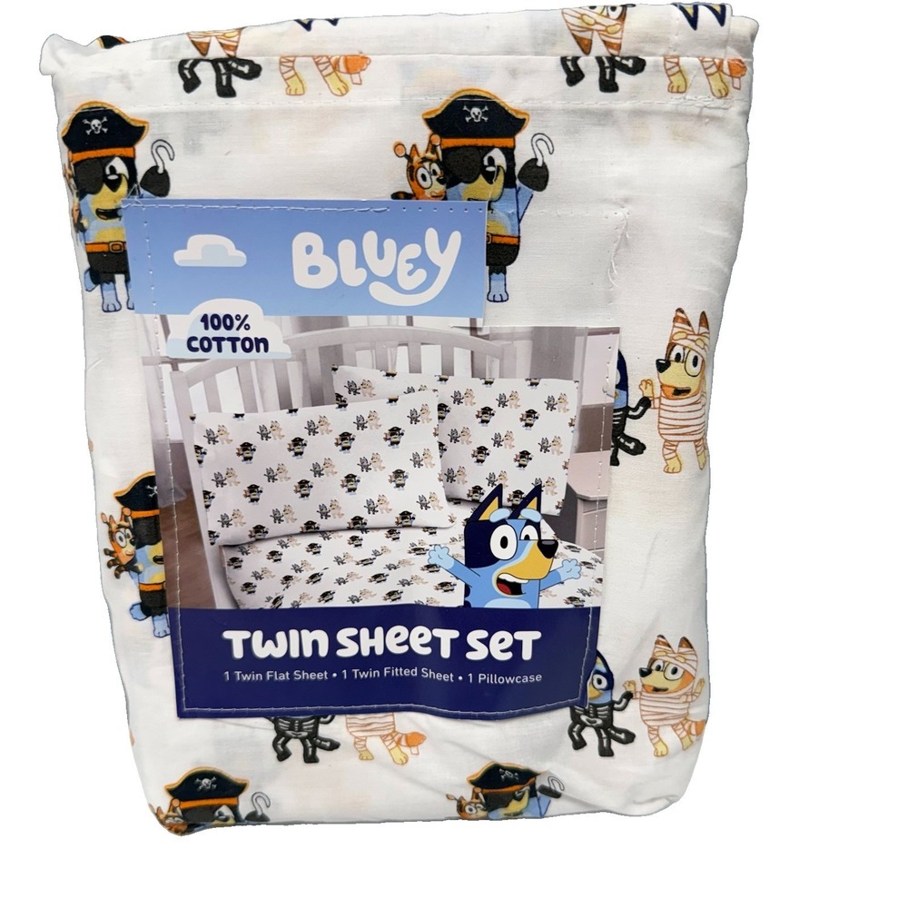NEW Bluey & Bingo Halloween Twin Sheet Set 3 pc Pirate Mummy Pillowcase Sheets